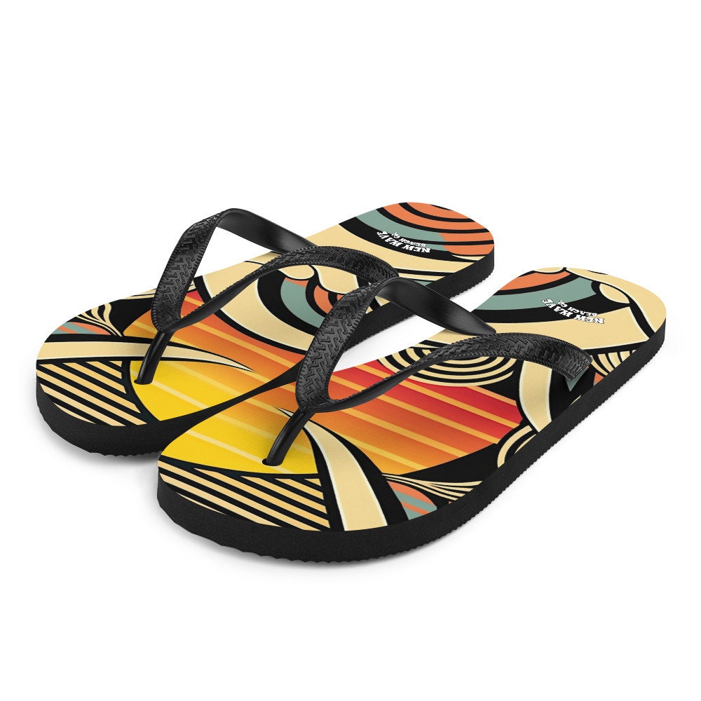 Emerald Blossoms - Abstract Retro Cartoon Sunset Beach Flip Flops Colorful