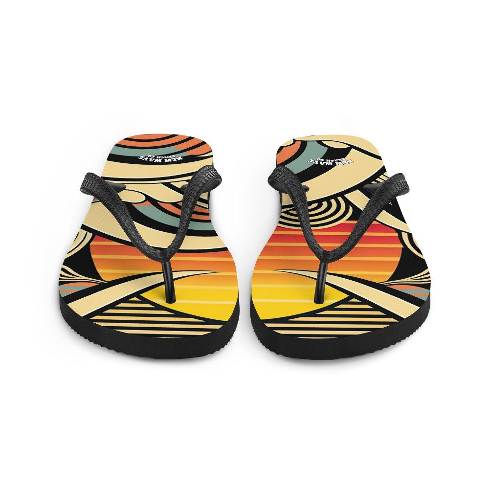 Emerald Blossoms - Abstract Retro Cartoon Sunset Beach Flip Flops Colorful