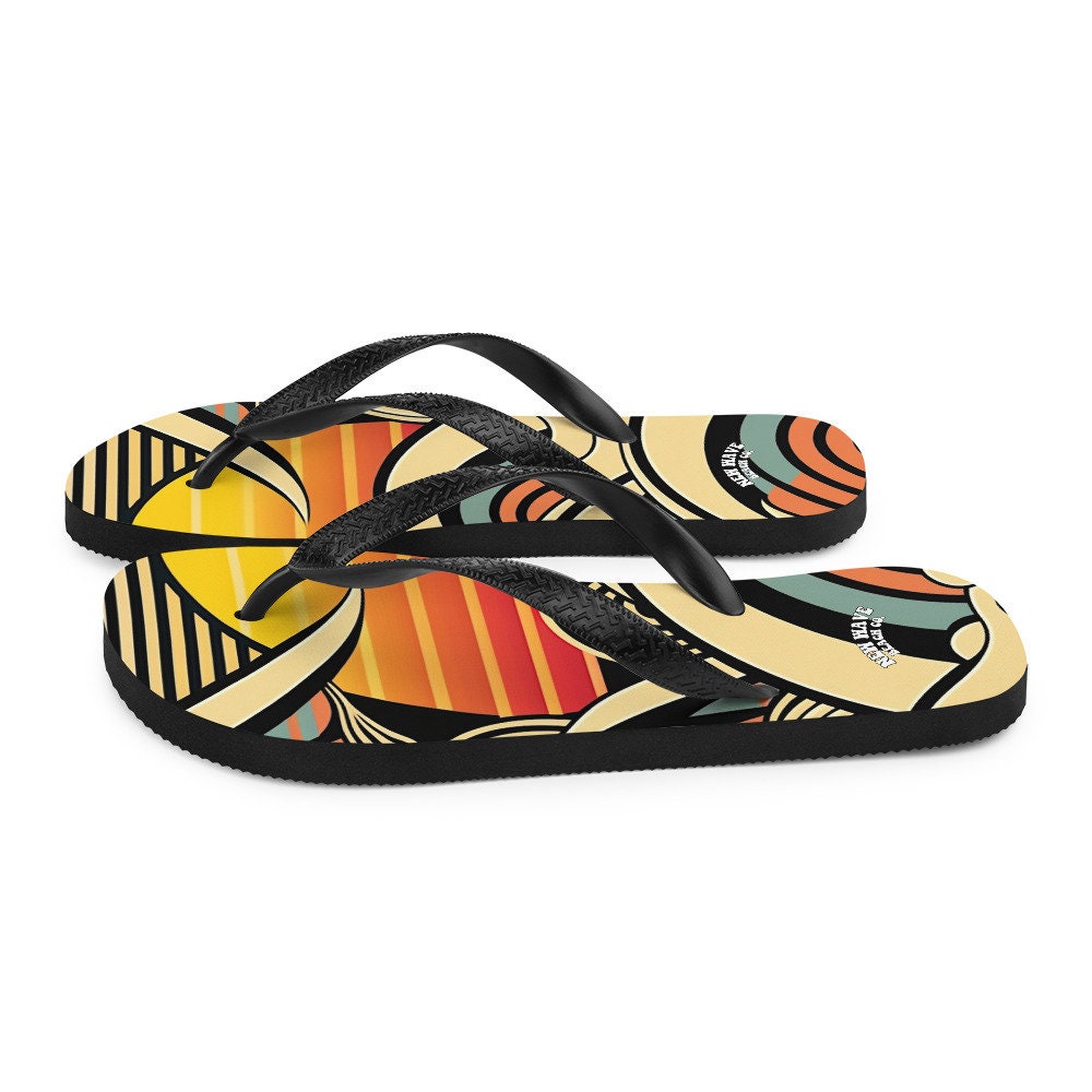 Emerald Blossoms - Abstract Retro Cartoon Sunset Beach Flip Flops Colorful
