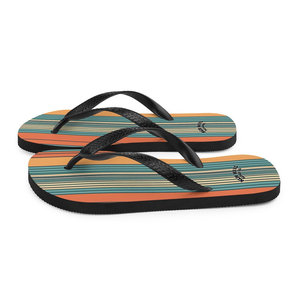 Emerald Blossoms - Mikey P’s Orange Blue Retro Striped Flip Flops Colorful