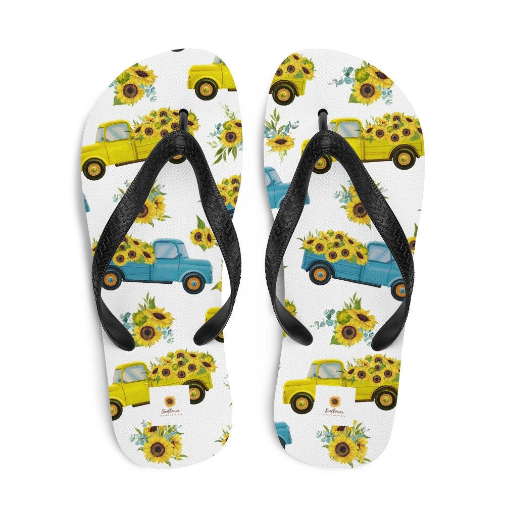 Emerald Blossoms - Vintage Truck with Sunflowers Flip-Flops