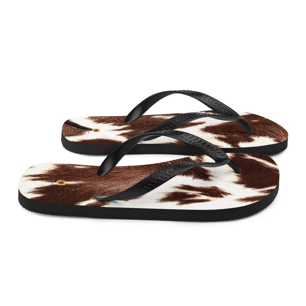 Emerald Blossoms - Cowhide Print Flip-Flops