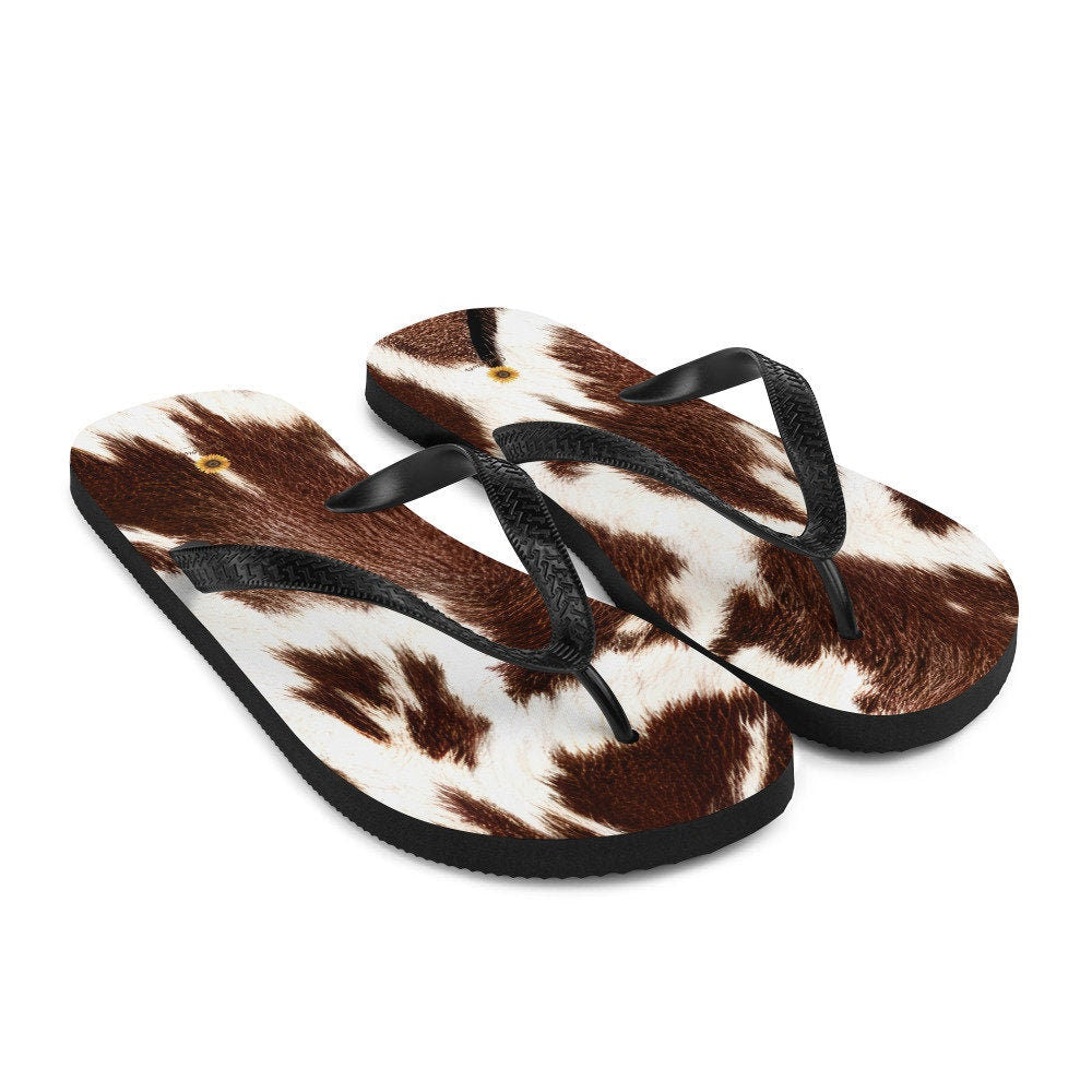 Emerald Blossoms - Cowhide Print Flip-Flops