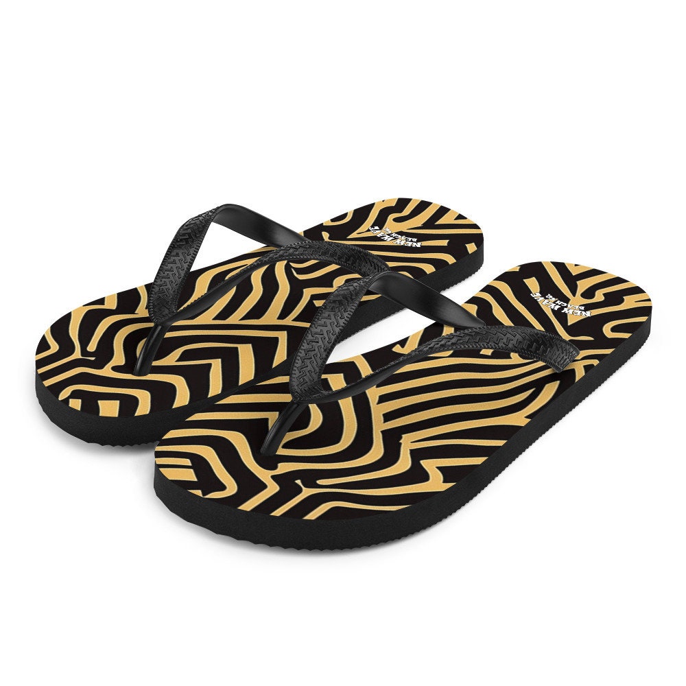 Emerald Blossoms - Art Deco Animal Print Brown Black Flip Flops Footwear Thong Sandals Summer Woman Men Beach Print Rubber Slip On Shoes