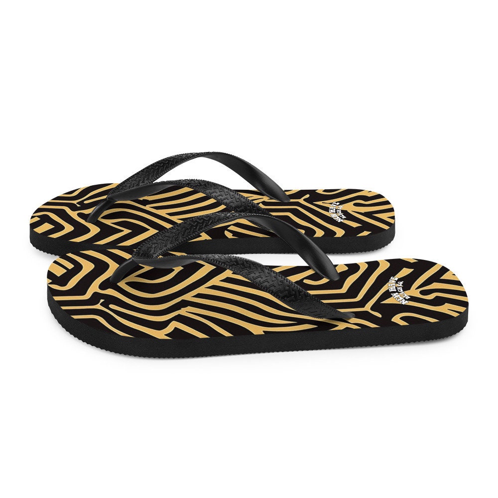 Emerald Blossoms - Art Deco Animal Print Brown Black Flip Flops Footwear Thong Sandals Summer Woman Men Beach Print Rubber Slip On Shoes