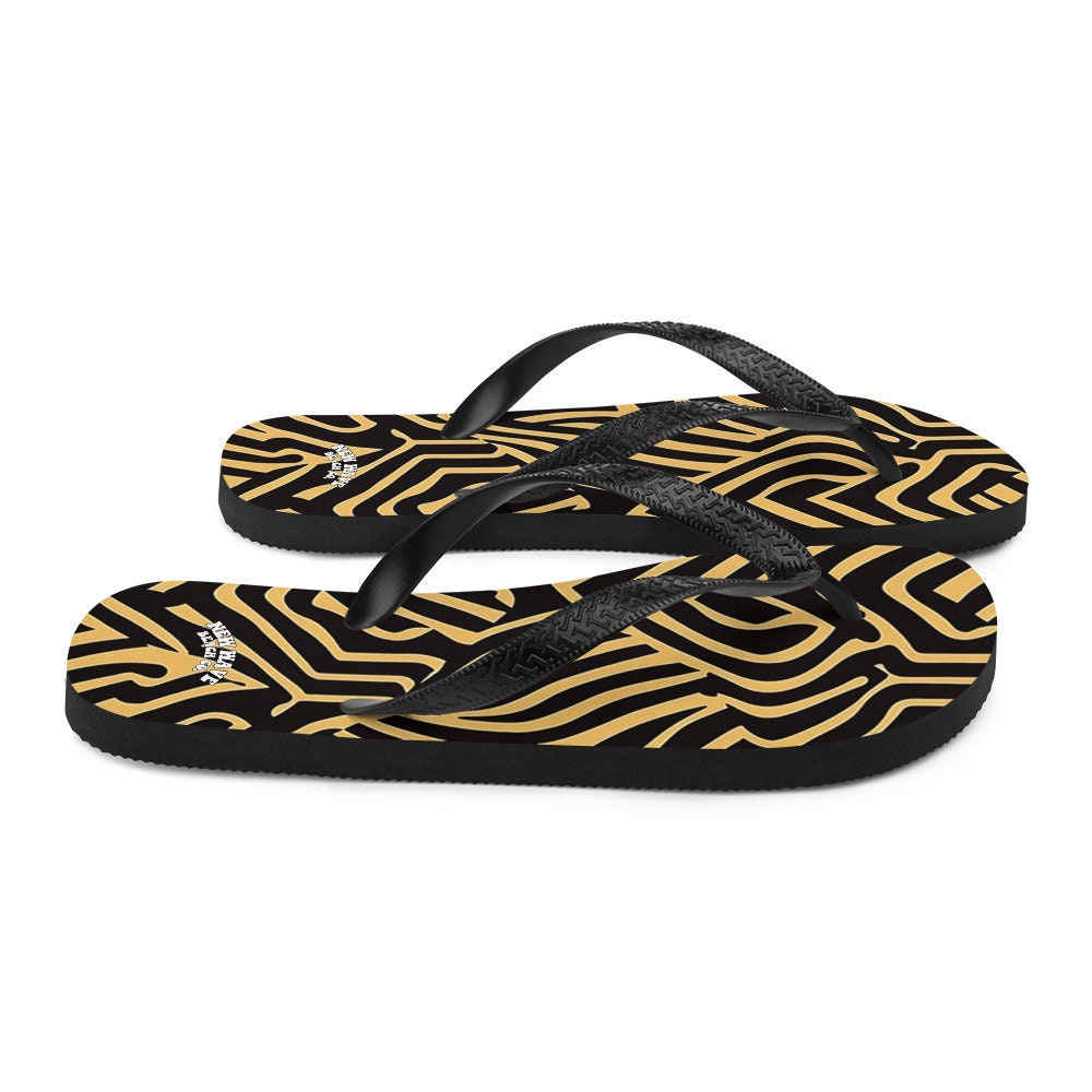 Emerald Blossoms - Art Deco Animal Print Brown Black Flip Flops Footwear Thong Sandals Summer Woman Men Beach Print Rubber Slip On Shoes