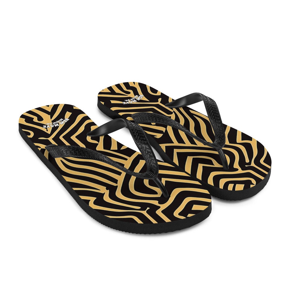 Emerald Blossoms - Art Deco Animal Print Brown Black Flip Flops Footwear Thong Sandals Summer Woman Men Beach Print Rubber Slip On Shoes