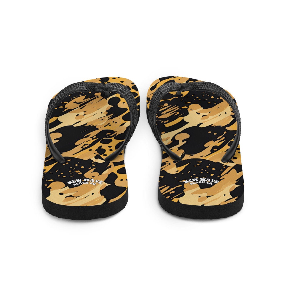 Emerald Blossoms - Splatter Paint Animal Print Brown Black Flip Flops
