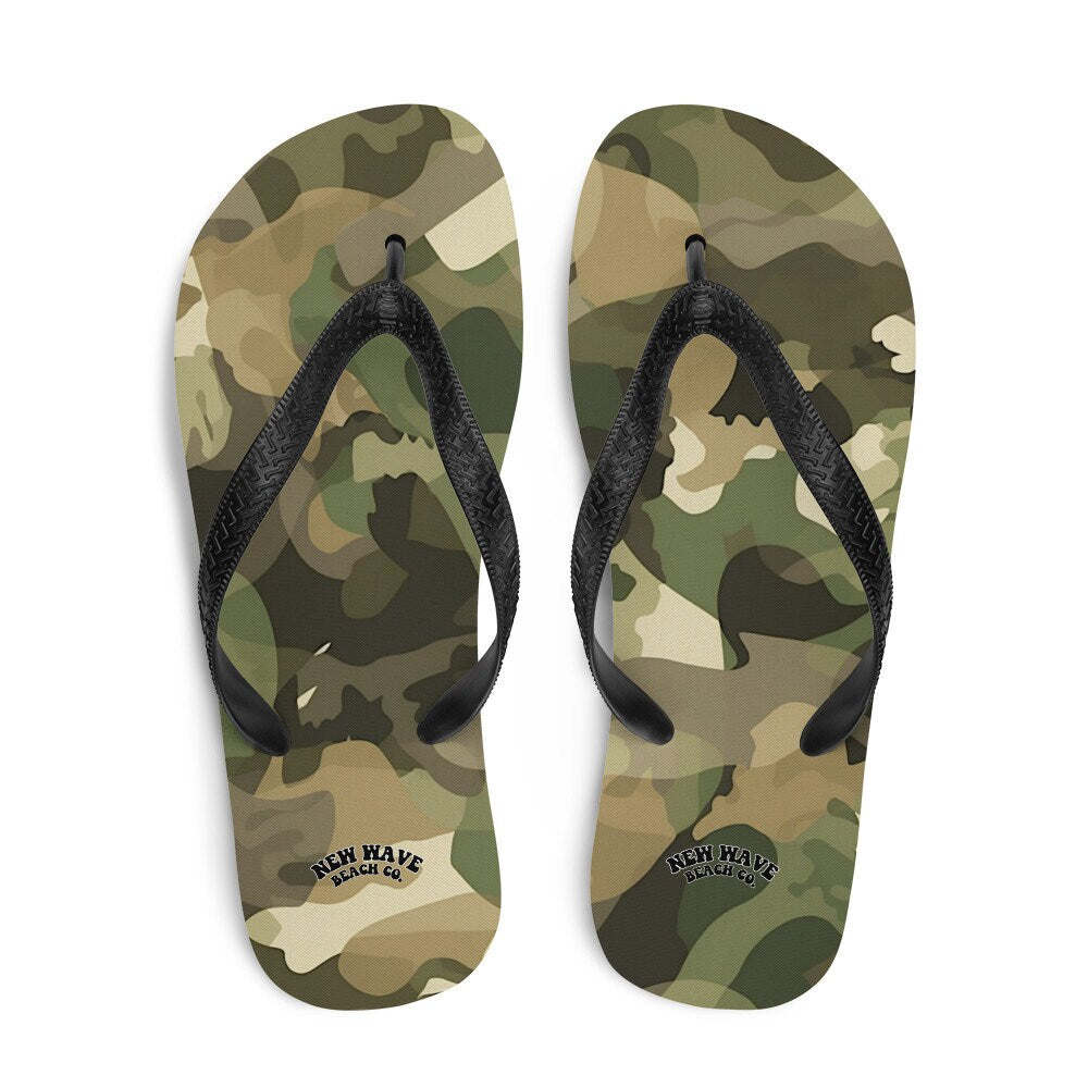 Emerald Blossoms - Green and Brown Camo Camouflage Print Flip Flops Colorful