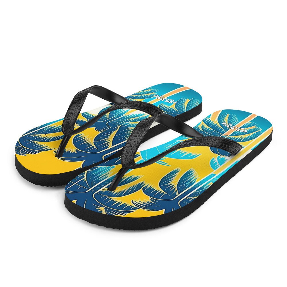 Emerald Blossoms - Retro Yellow Blue Tropical Palm Trees Flip Flops Colorful