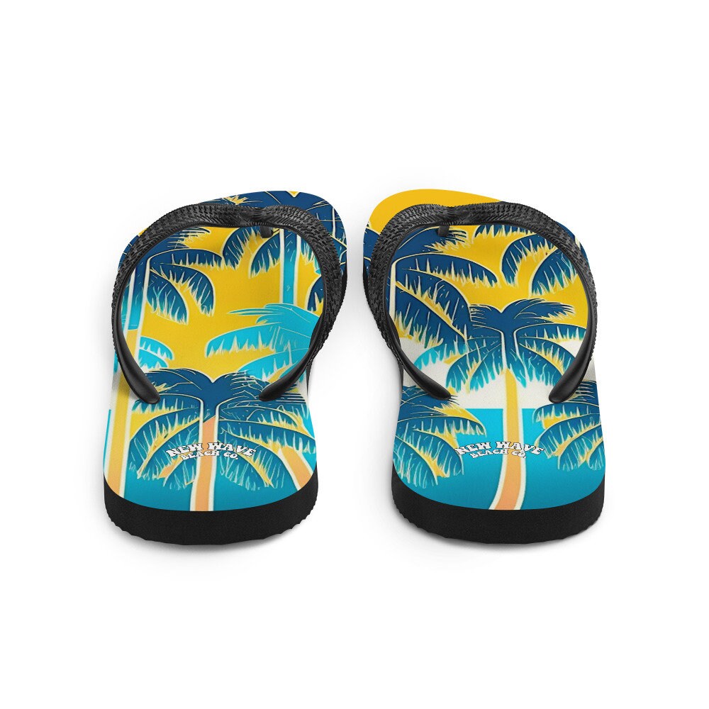 Emerald Blossoms - Retro Yellow Blue Tropical Palm Trees Flip Flops Colorful