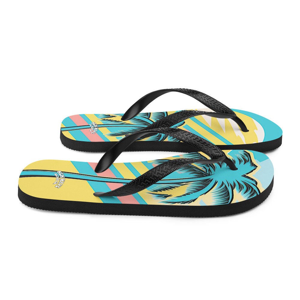 Emerald Blossoms - Retro Yellow Blue Faded Palm Tree Flip Flops Colorful