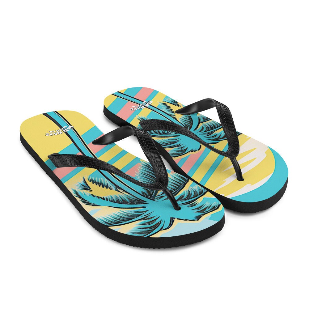 Emerald Blossoms - Retro Yellow Blue Faded Palm Tree Flip Flops Colorful
