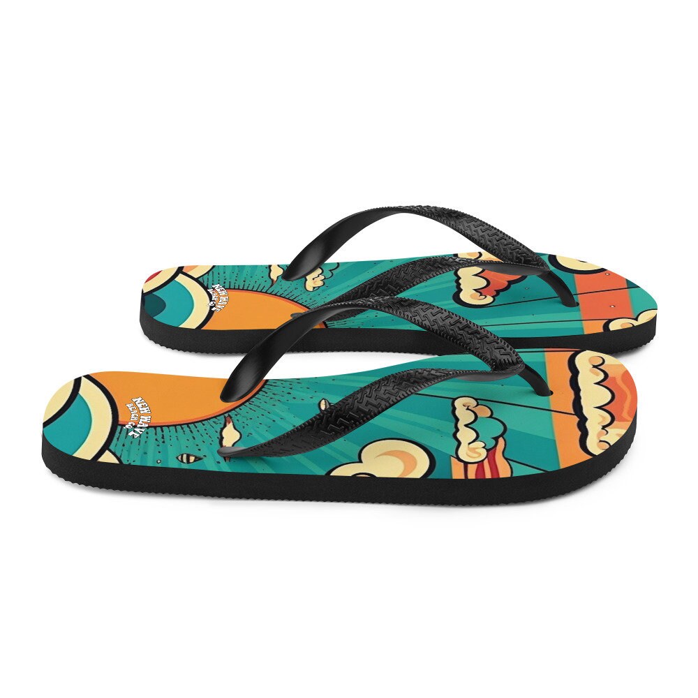 Emerald Blossoms - Retro Cartoon Sunshine Sky Flip Flops Colorful