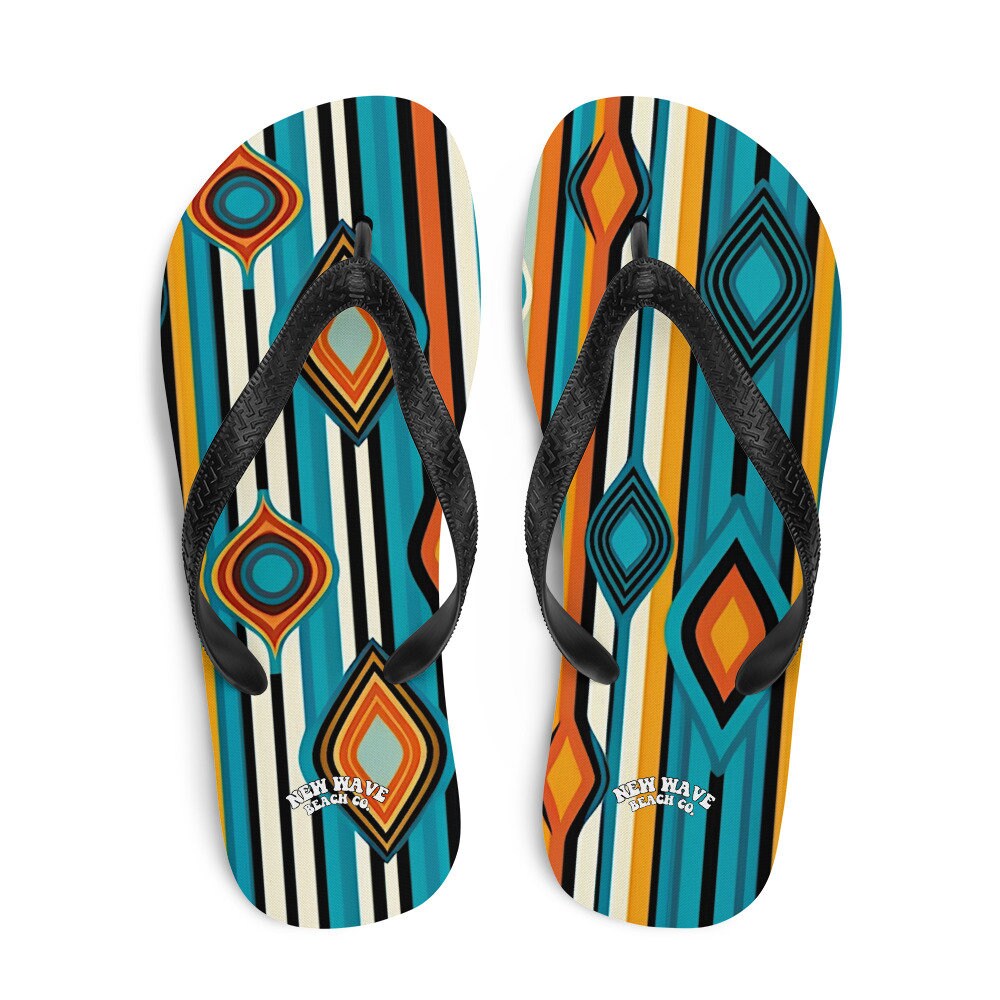 Emerald Blossoms - Retro Yellow Blue Orange Striped Flip Flops Colorful