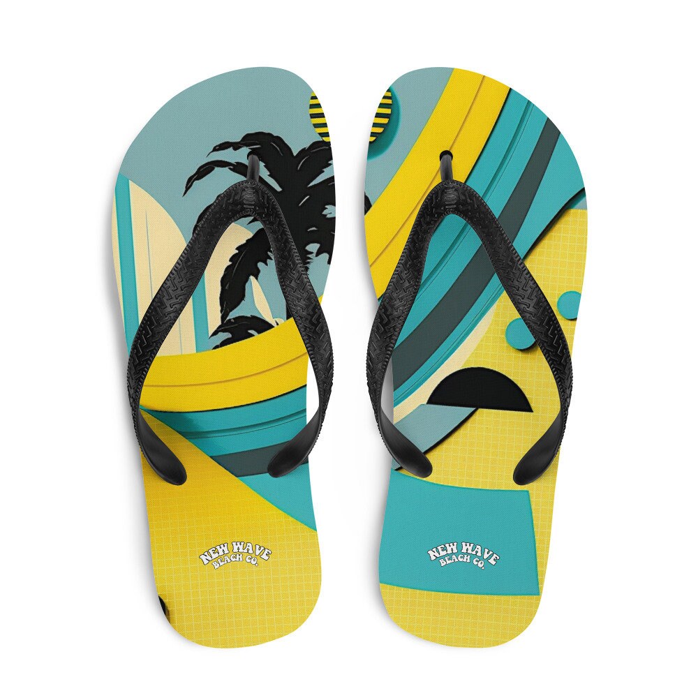 Emerald Blossoms - Abstract Yellow Blue Palm Tree Flip Flops Colorful