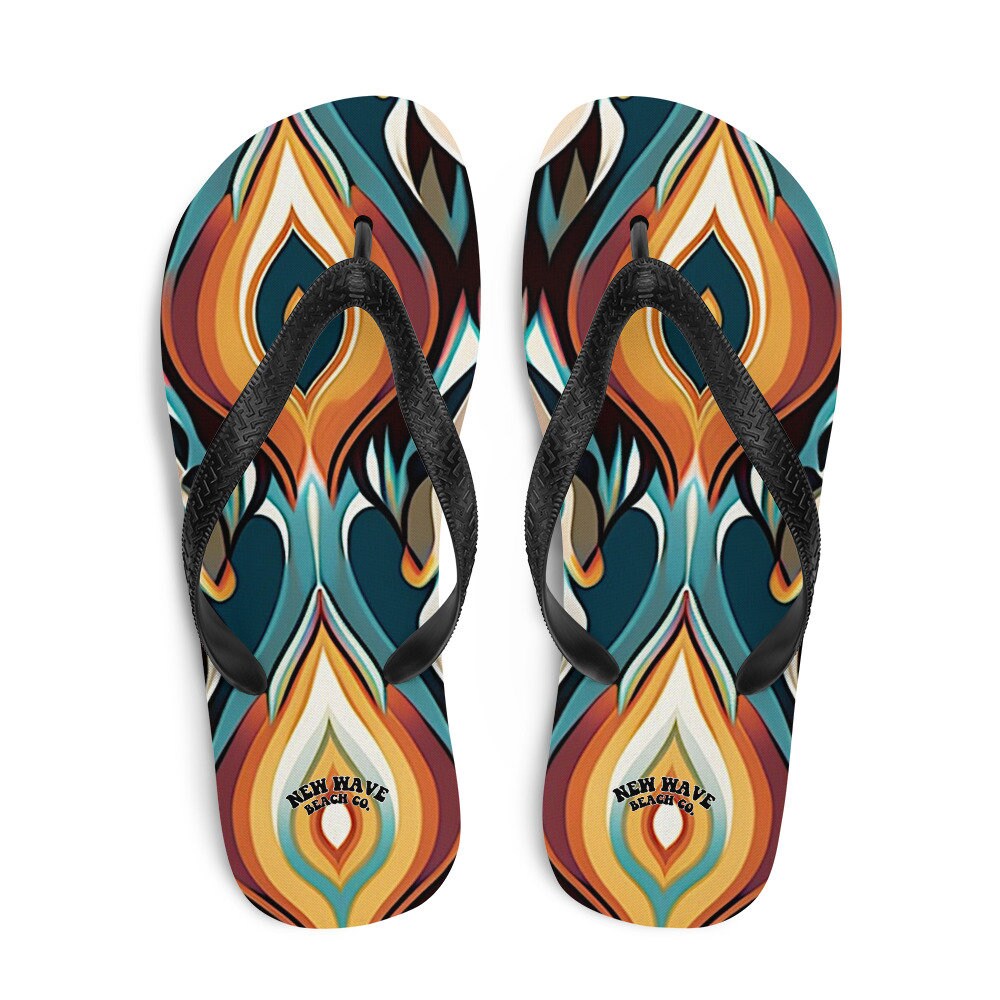 Emerald Blossoms - Retro Ikat Yellow Blue Orange Flip Flops Colorful