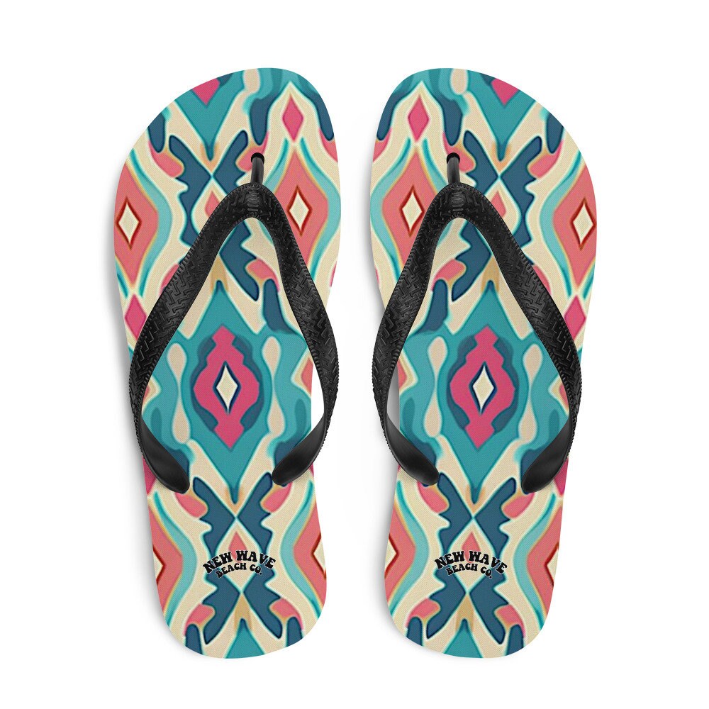 Emerald Blossoms - Retro Ikat Pink Blue Flip Flops Colorful