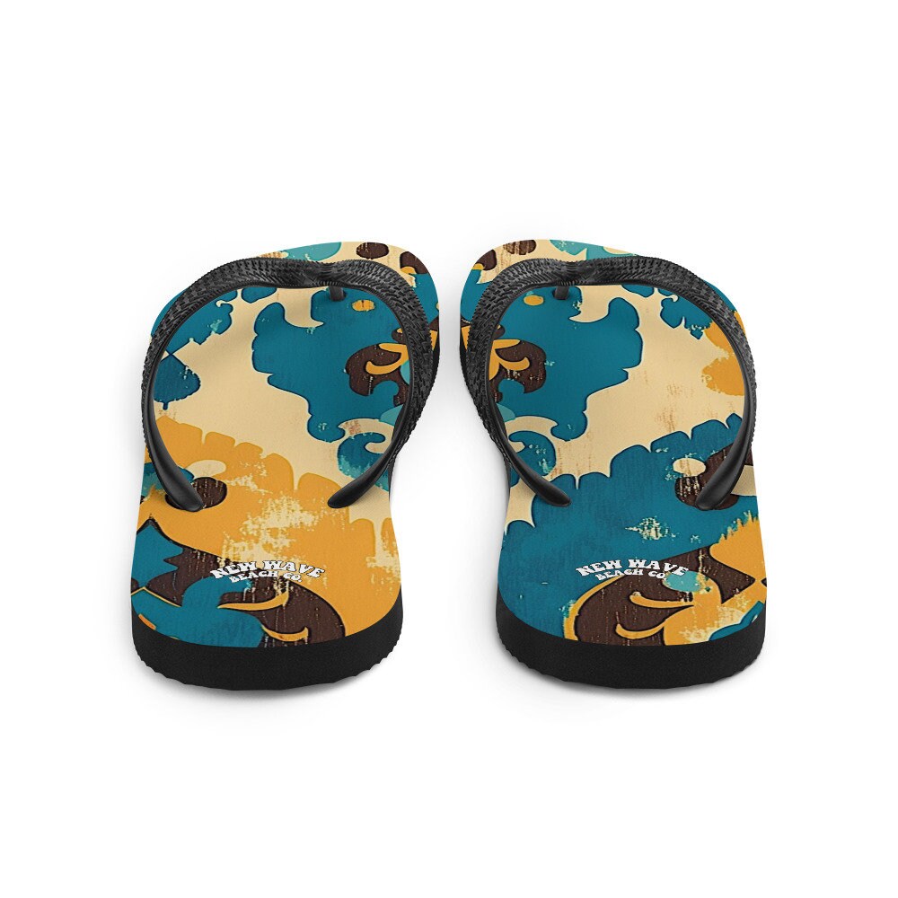 Emerald Blossoms - Retro Faded Ikat Yellow Blue Flip Flops Colorful