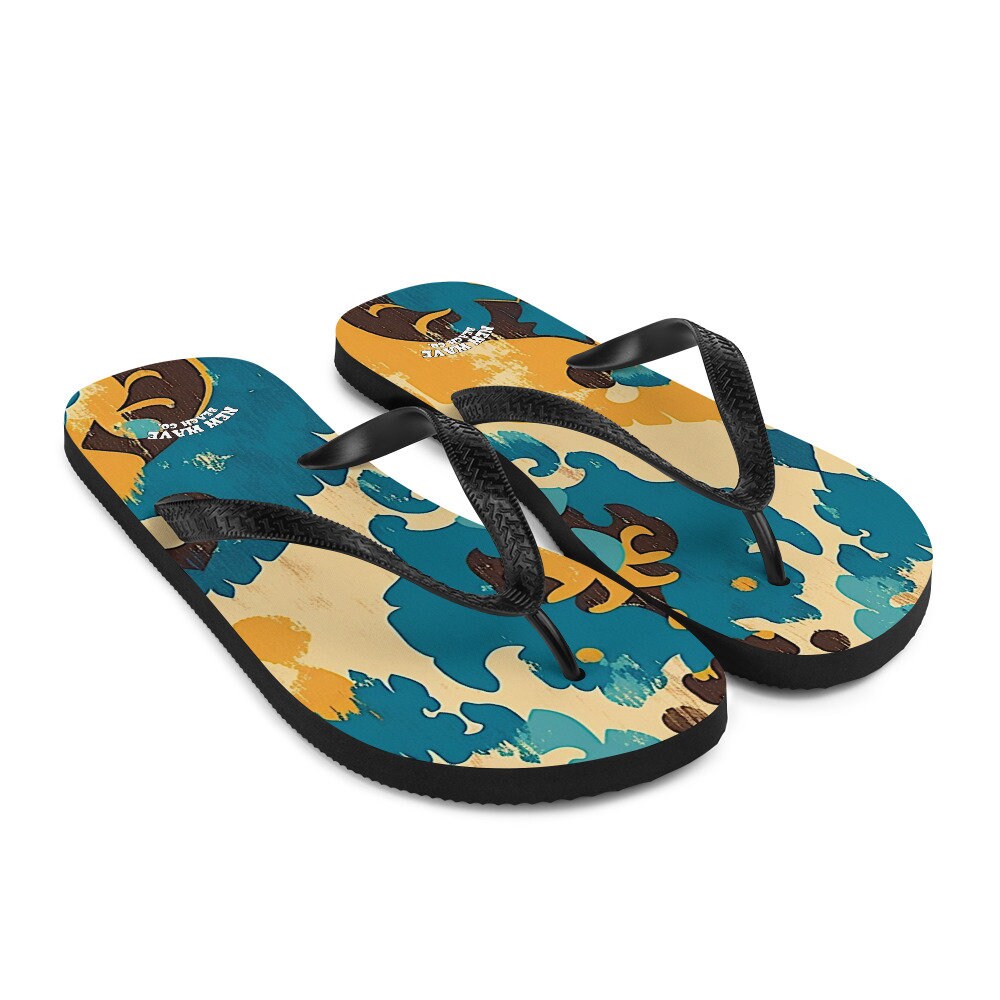 Emerald Blossoms - Retro Faded Ikat Yellow Blue Flip Flops Colorful