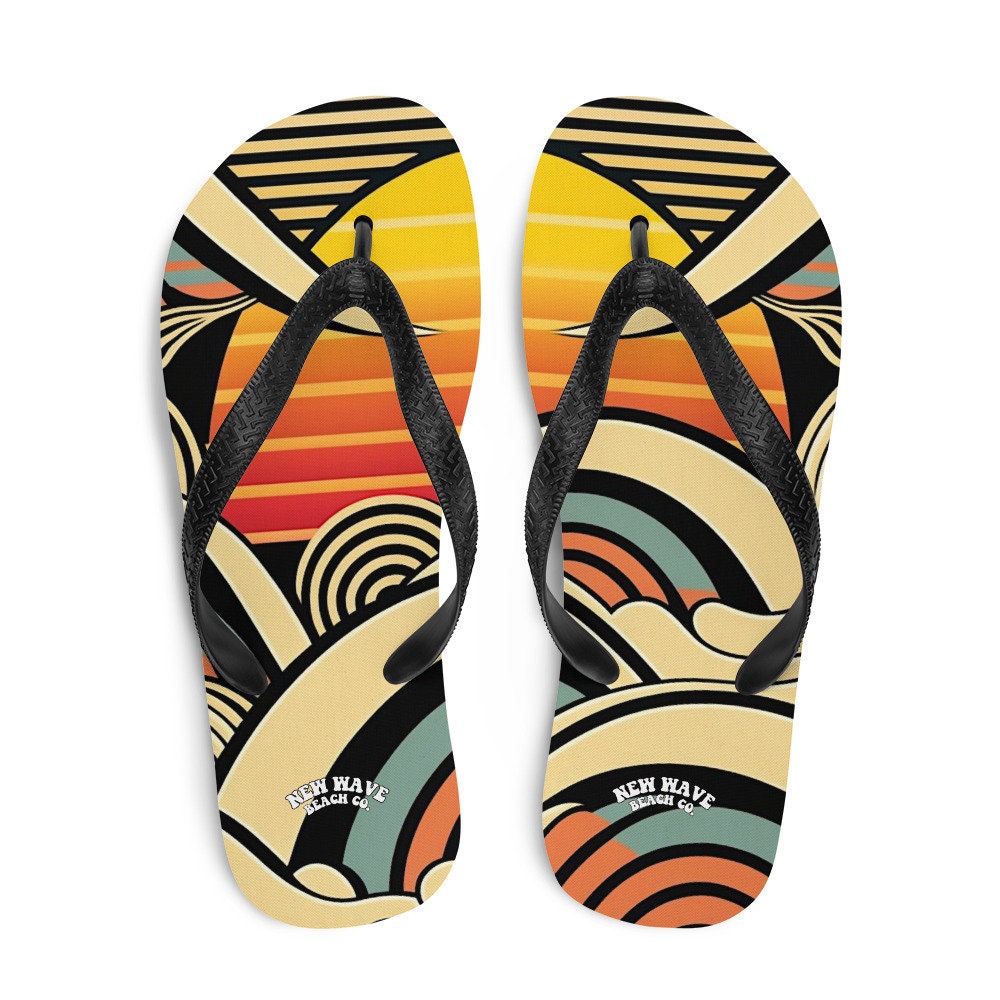 Emerald Blossoms - Abstract Retro Cartoon Sunset Beach Flip Flops Colorful