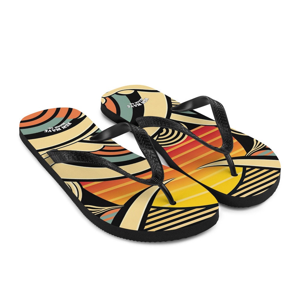 Emerald Blossoms - Abstract Retro Cartoon Sunset Beach Flip Flops Colorful