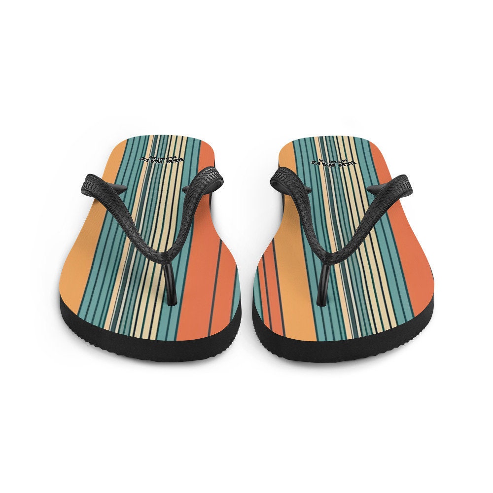 Emerald Blossoms - Mikey P’s Orange Blue Retro Striped Flip Flops Colorful