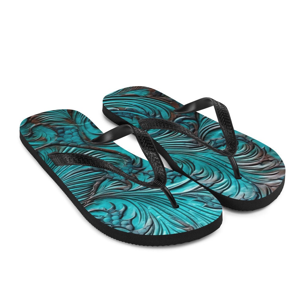 Emerald Blossoms - Western Scroll leather blue design Flip-Flops