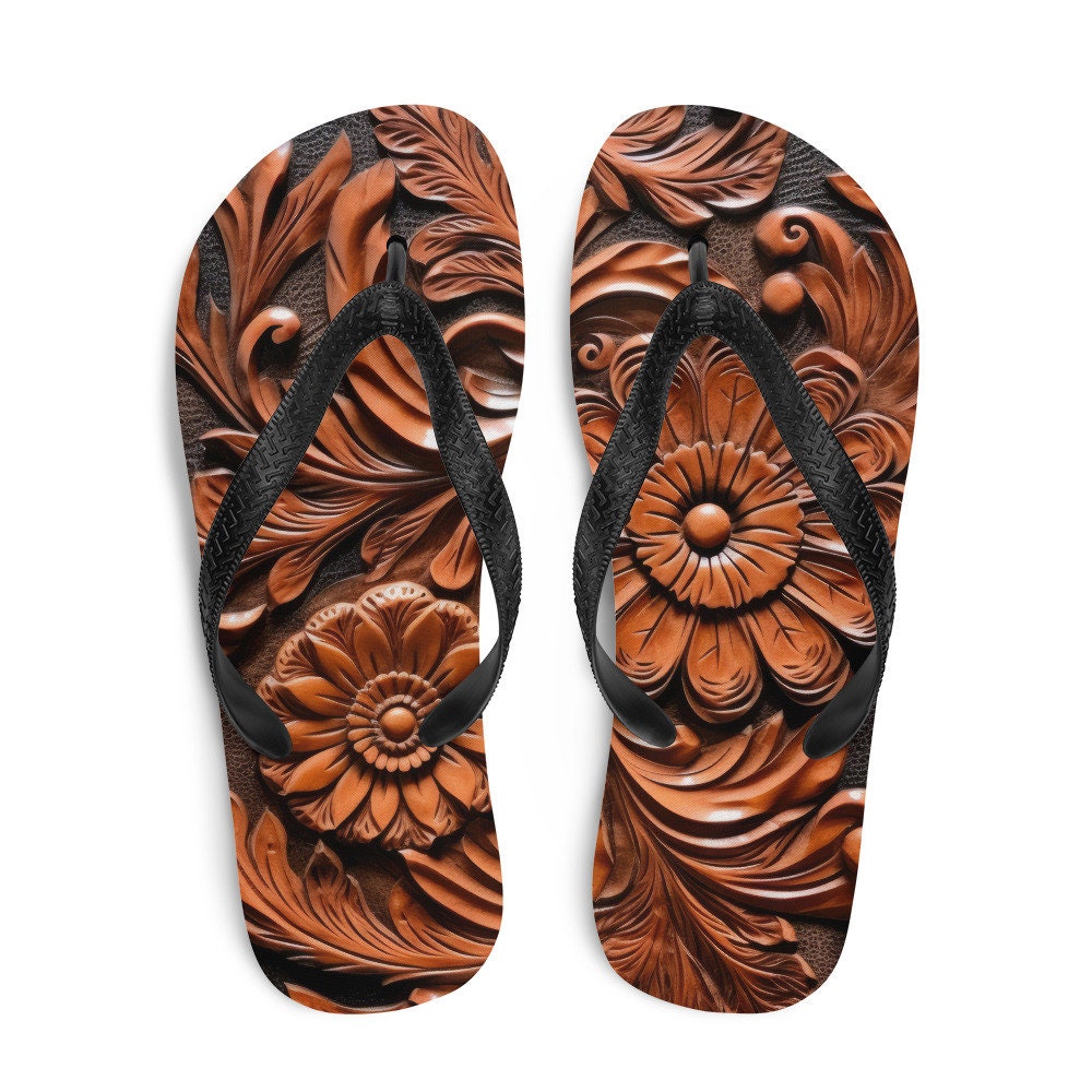 Emerald Blossoms - Faux brown leather scrolled design -brown Flip-Flops