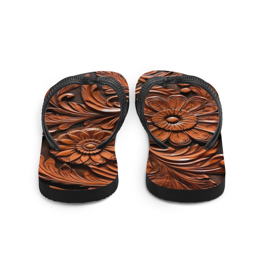 Emerald Blossoms - Faux brown leather scrolled design -brown Flip-Flops