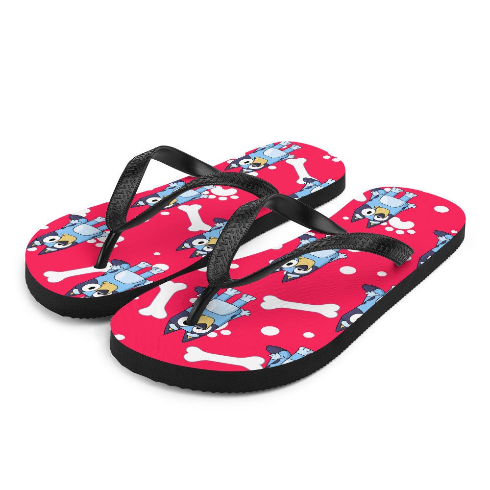 Emerald Blossoms - red background blue dog Flip-Flops