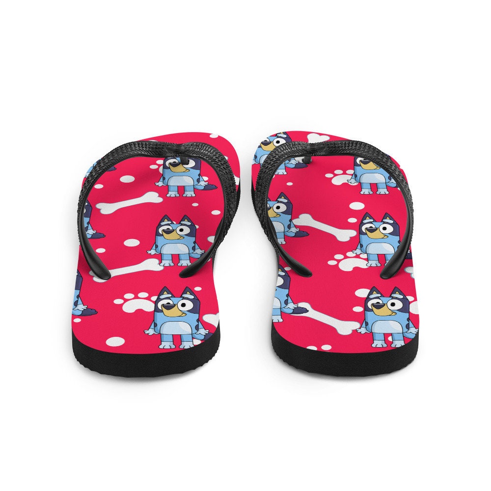 Emerald Blossoms - red background blue dog Flip-Flops