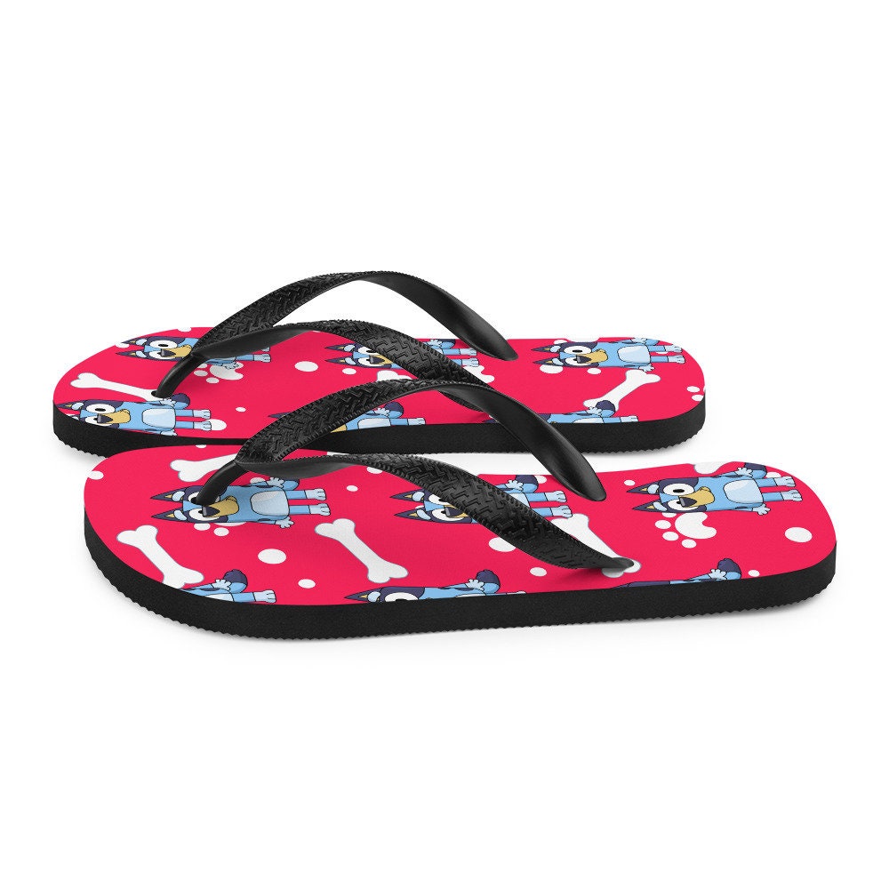Emerald Blossoms - red background blue dog Flip-Flops