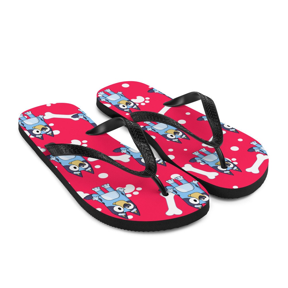 Emerald Blossoms - red background blue dog Flip-Flops