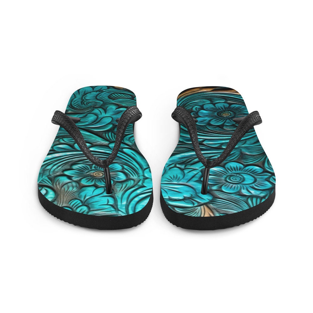 Emerald Blossoms - Scrolled leather design blue Flip-Flops