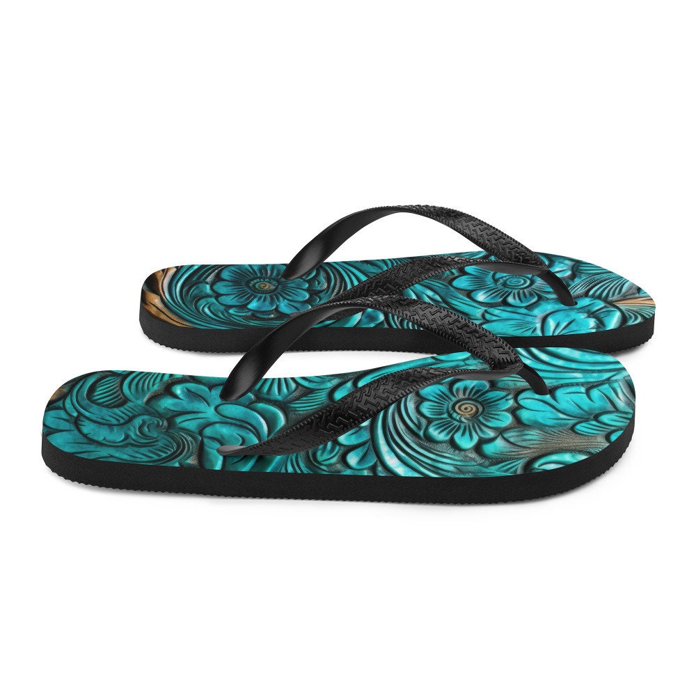 Emerald Blossoms - Scrolled leather design blue Flip-Flops