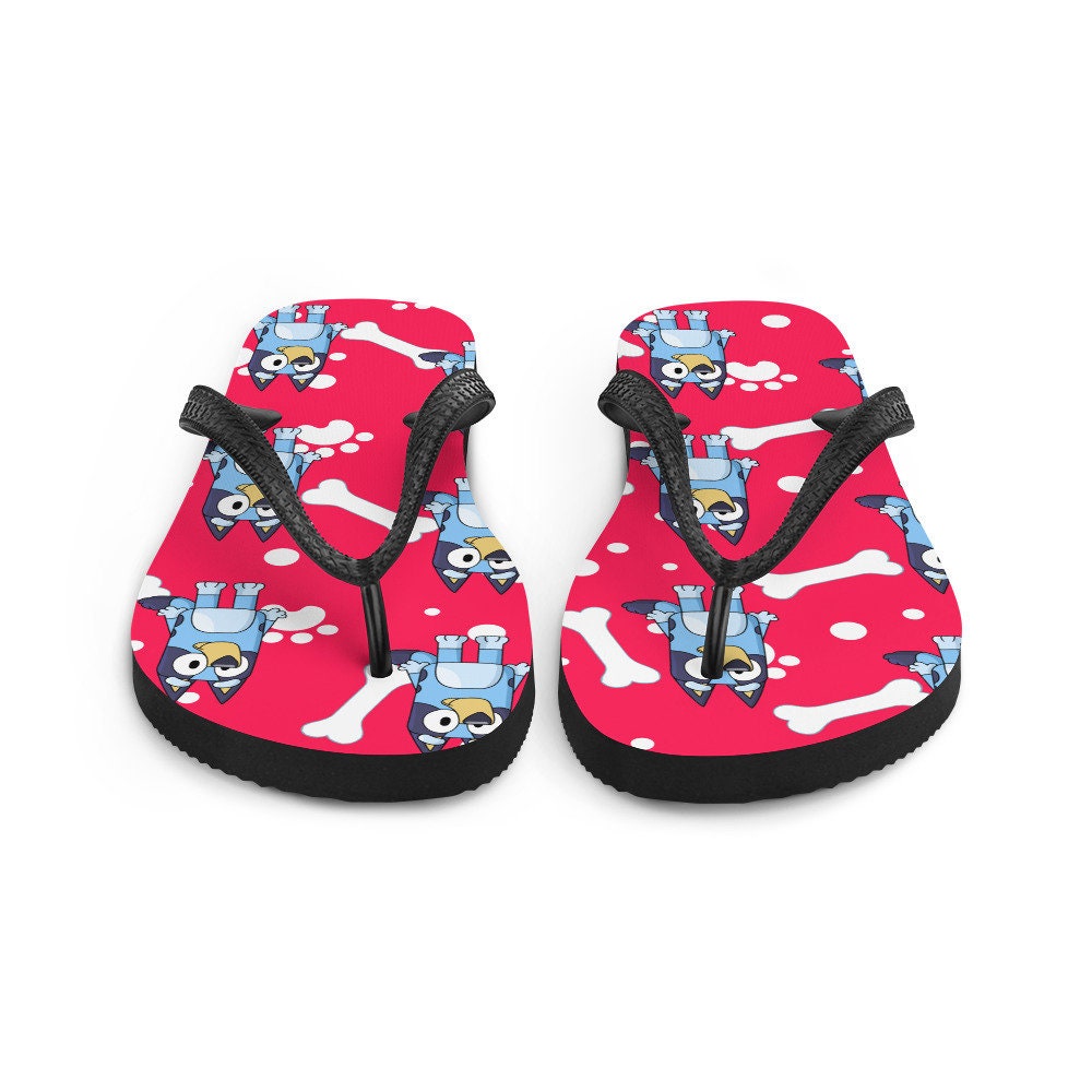 Emerald Blossoms - red background blue dog Flip-Flops