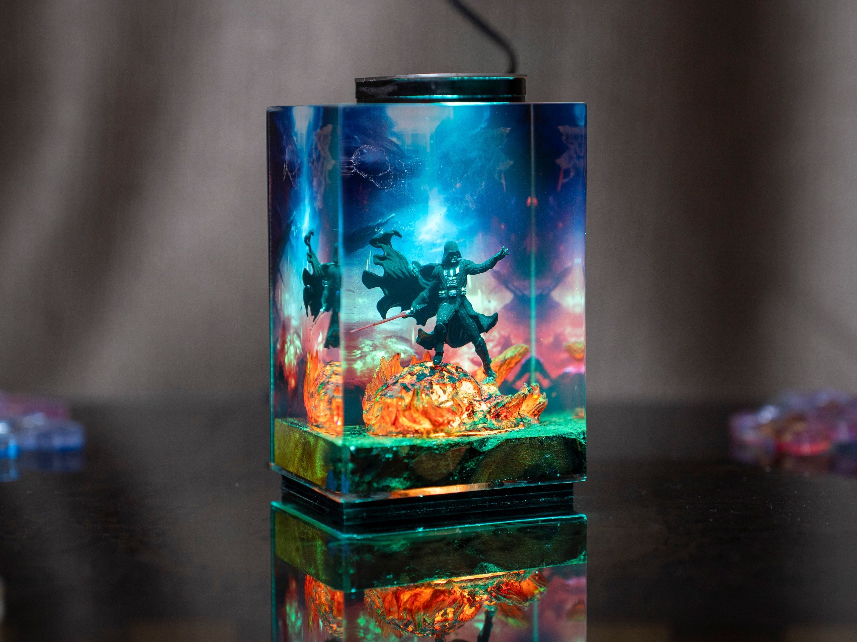 Darth vader diorama resin lamp, star war wall art for him, Sword lightsaber for gaming decor room