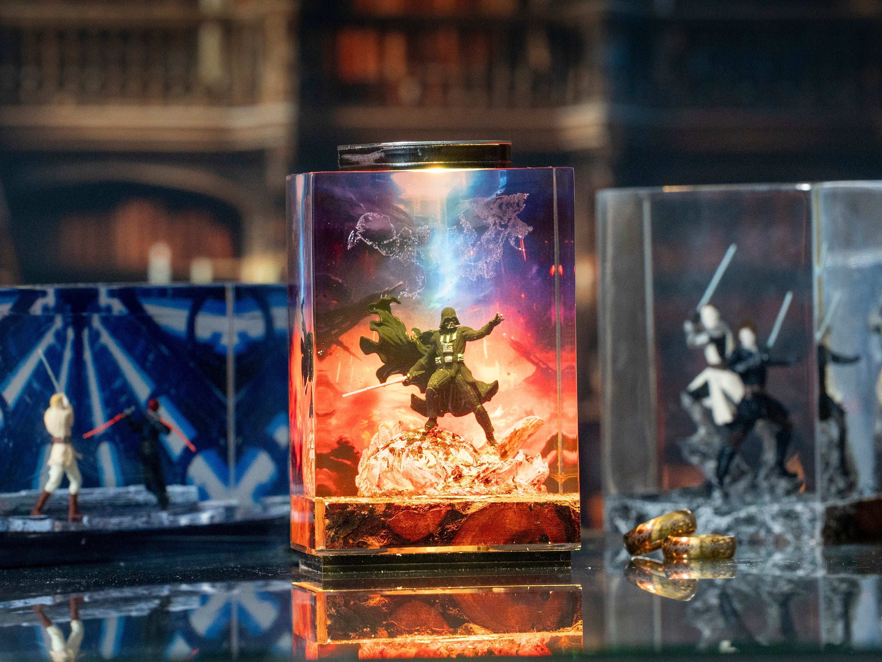 Darth vader diorama resin lamp, star war wall art for him, Sword lightsaber for gaming decor room