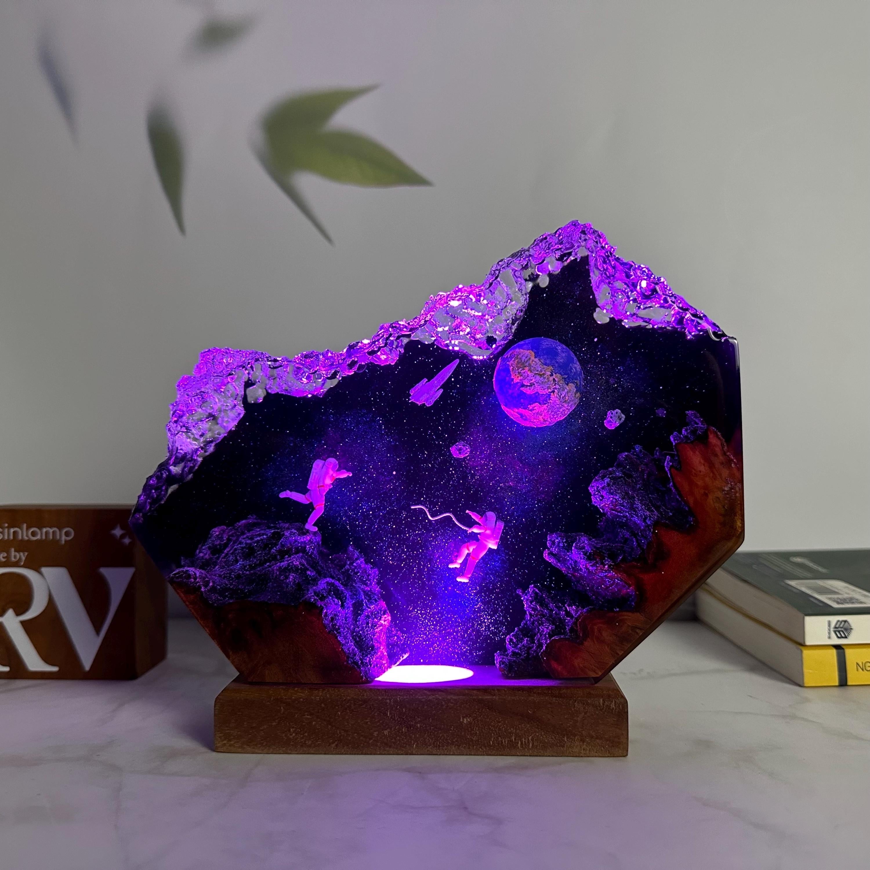 Handmade Interstellar Wood Lamp: Astronaut & Galaxy Resin Art, Galaxy Lamp, Space ship Lamp, Resin night light, personalization Gift