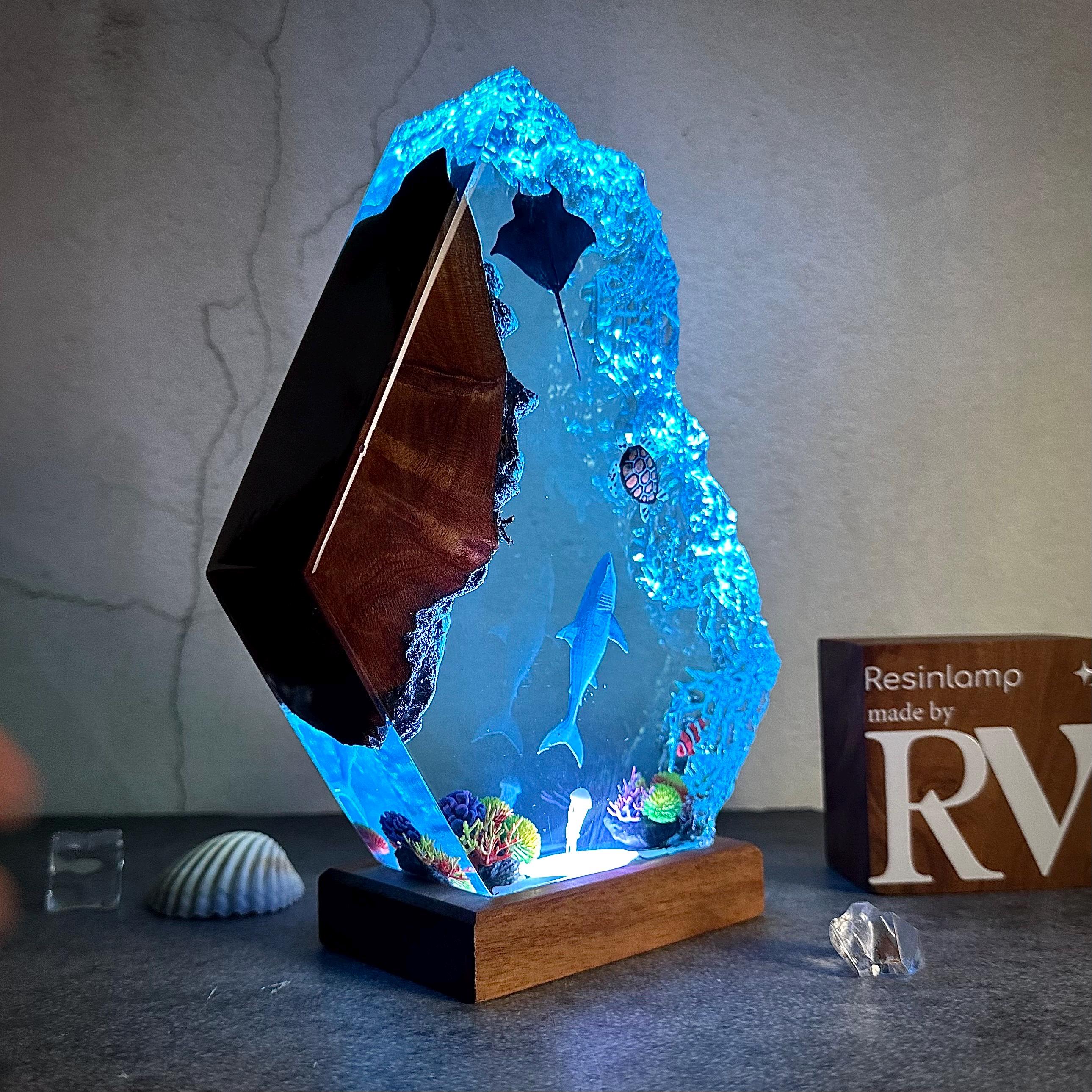 Epoxy Resin Ocean Lamp, Shark, Turtle, and Coral Reef Night Light, Resin Wood Art Lamp, wood resin decor, gift for him, Christmas gift