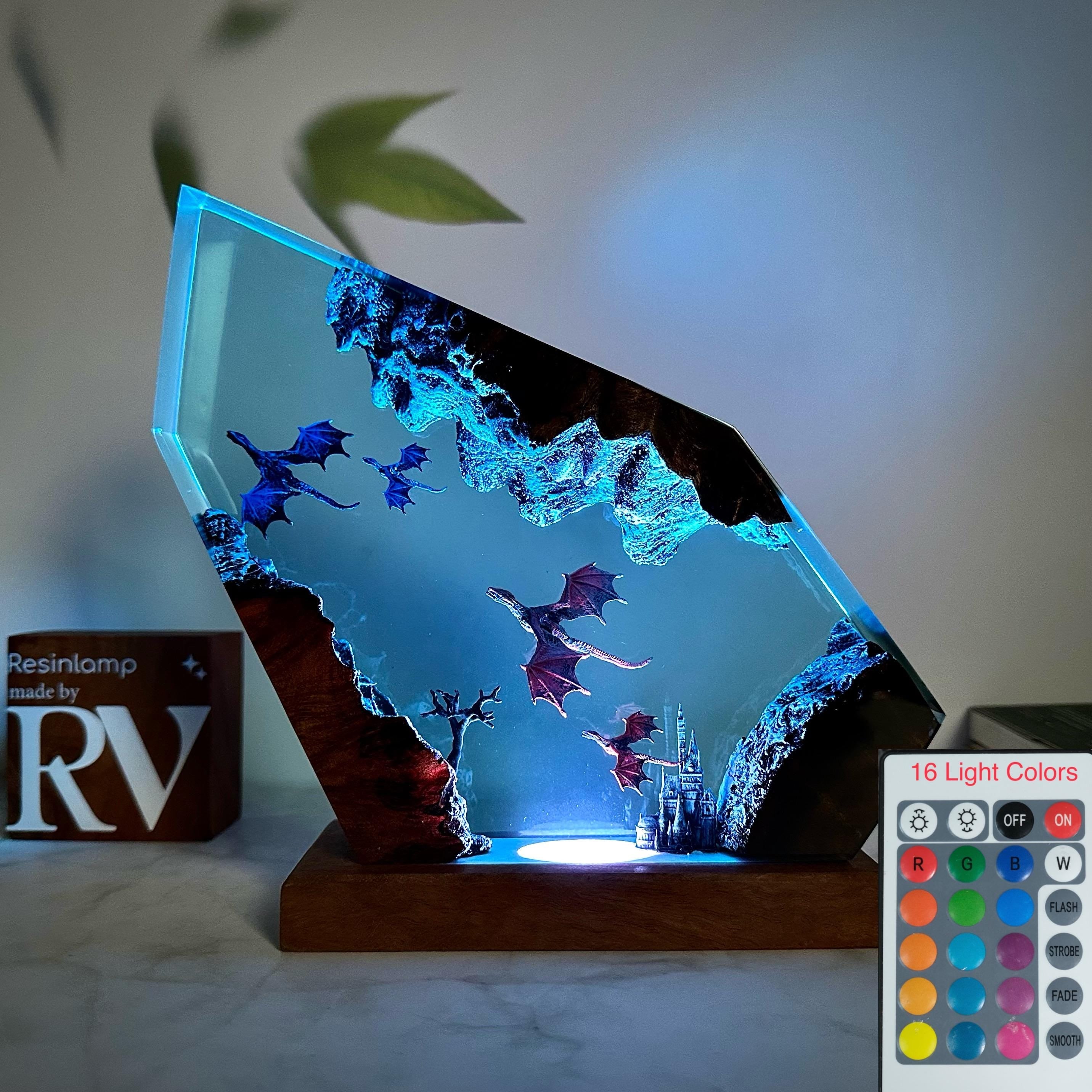 Handmade Fire and Ice Dragon Lamp: 3D Resin Wood Home Decor, Lighting Home Decor, Valentines Day gift, Christmas gift, Fantasy Decor