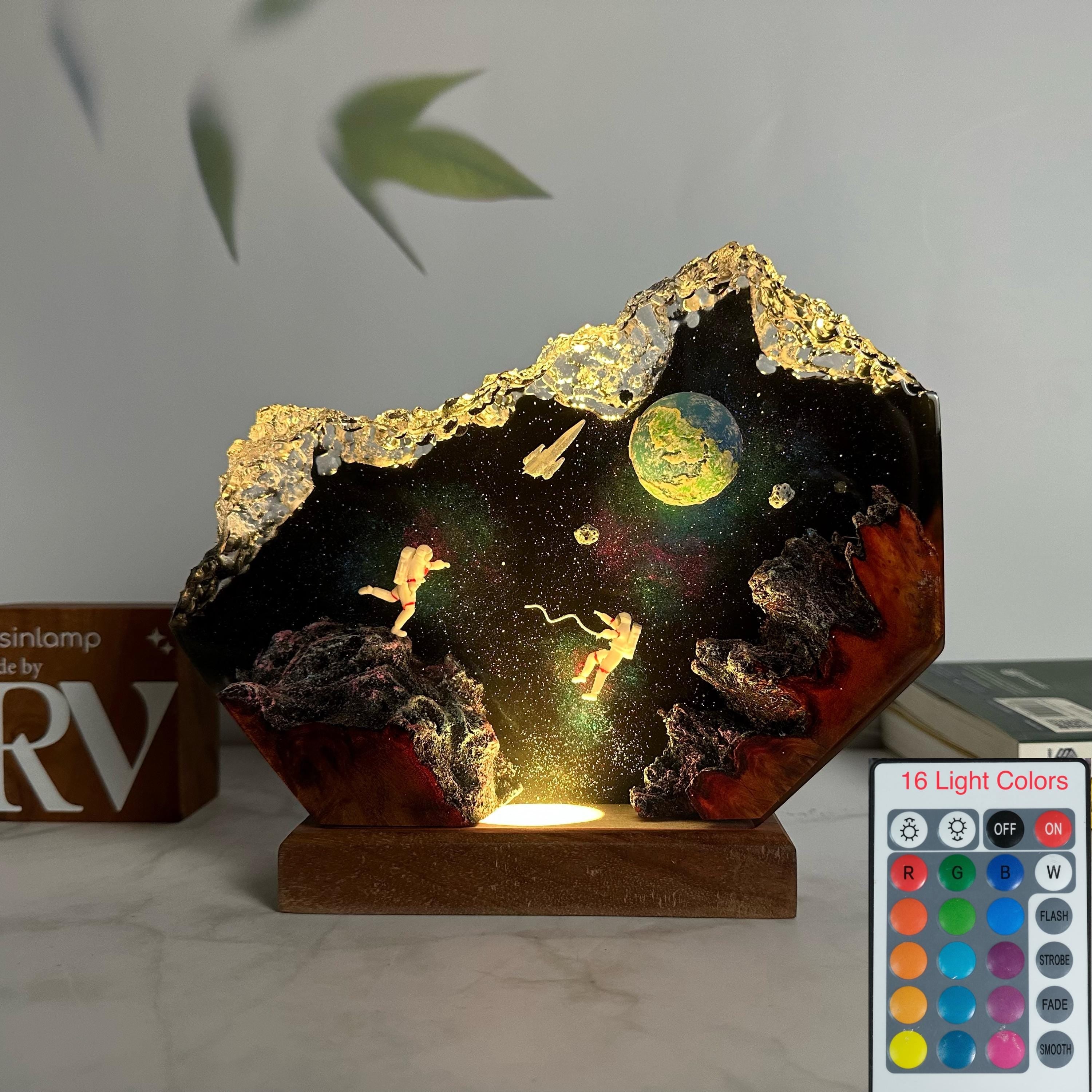 Handmade Interstellar Wood Lamp: Astronaut & Galaxy Resin Art, Galaxy Lamp, Space ship Lamp, Resin night light, personalization Gift