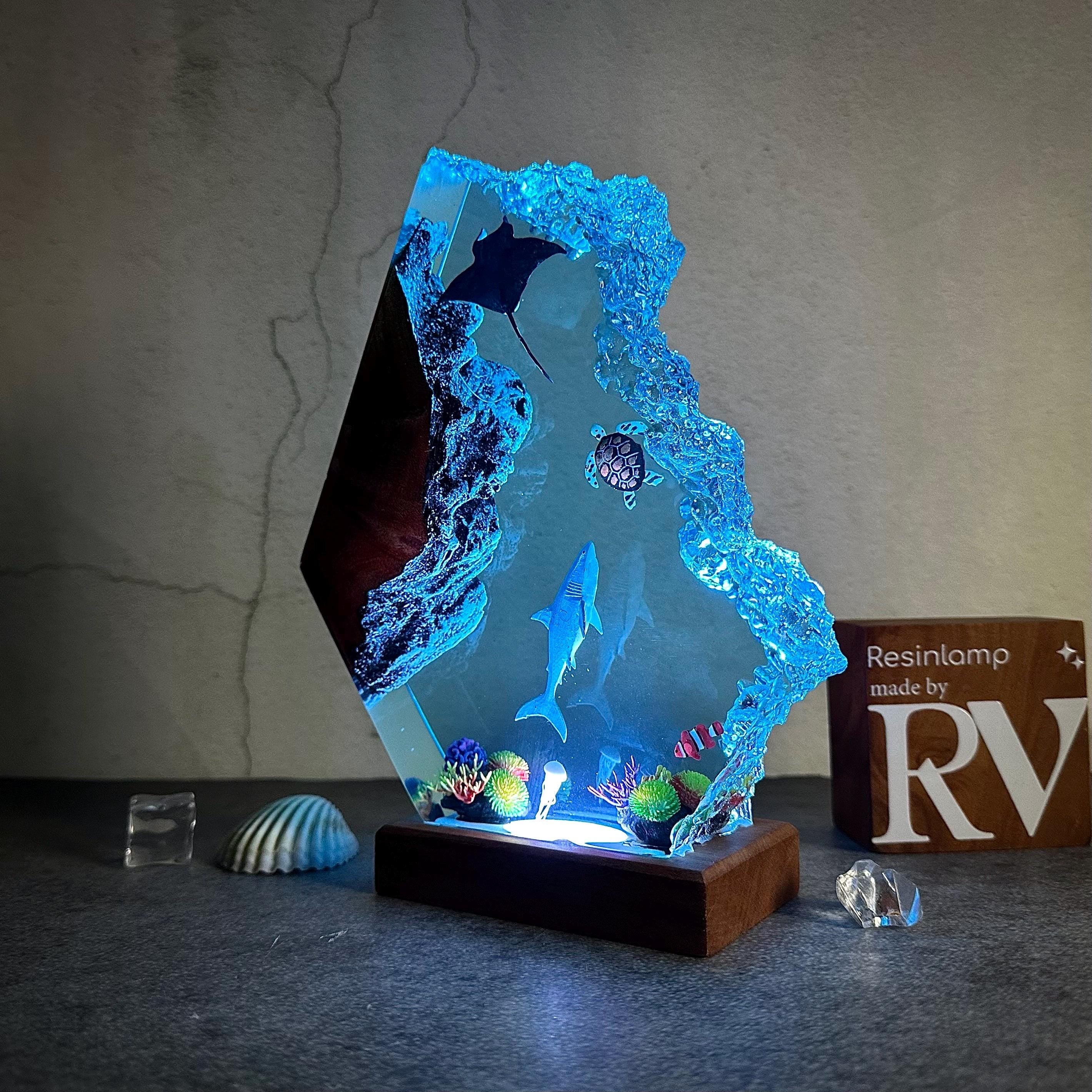 Epoxy Resin Ocean Lamp, Shark, Turtle, and Coral Reef Night Light, Resin Wood Art Lamp, wood resin decor, gift for him, Christmas gift