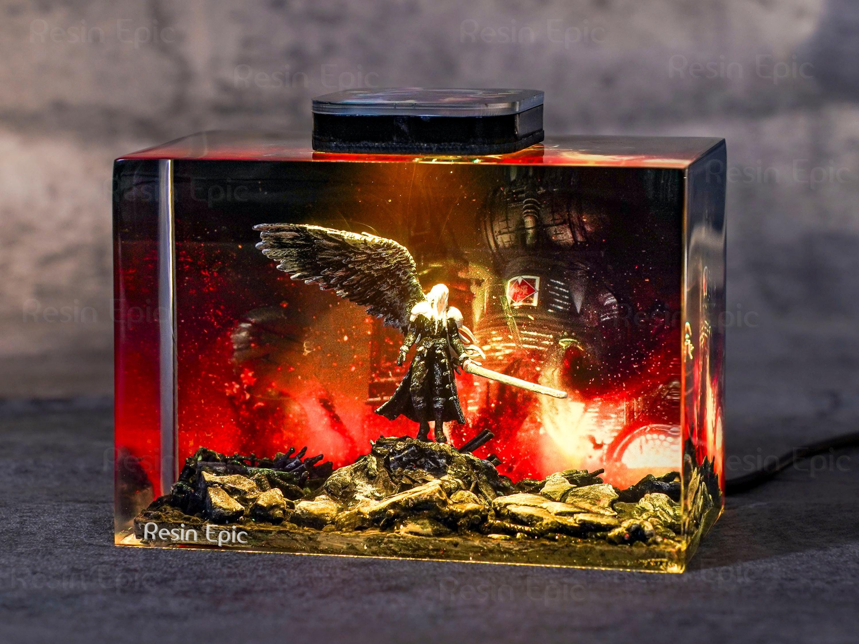 Custom Sephiroth and Cloud Resin Night Light, Epoxy Wood Night Lamp, FF7 Collector Gift