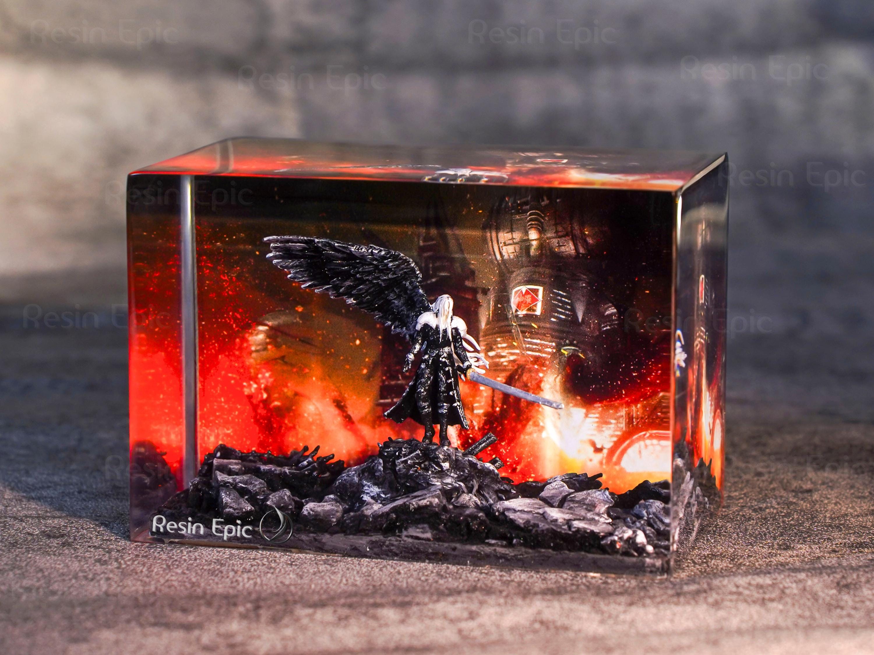 Custom Sephiroth and Cloud Resin Night Light, Epoxy Wood Night Lamp, FF7 Collector Gift