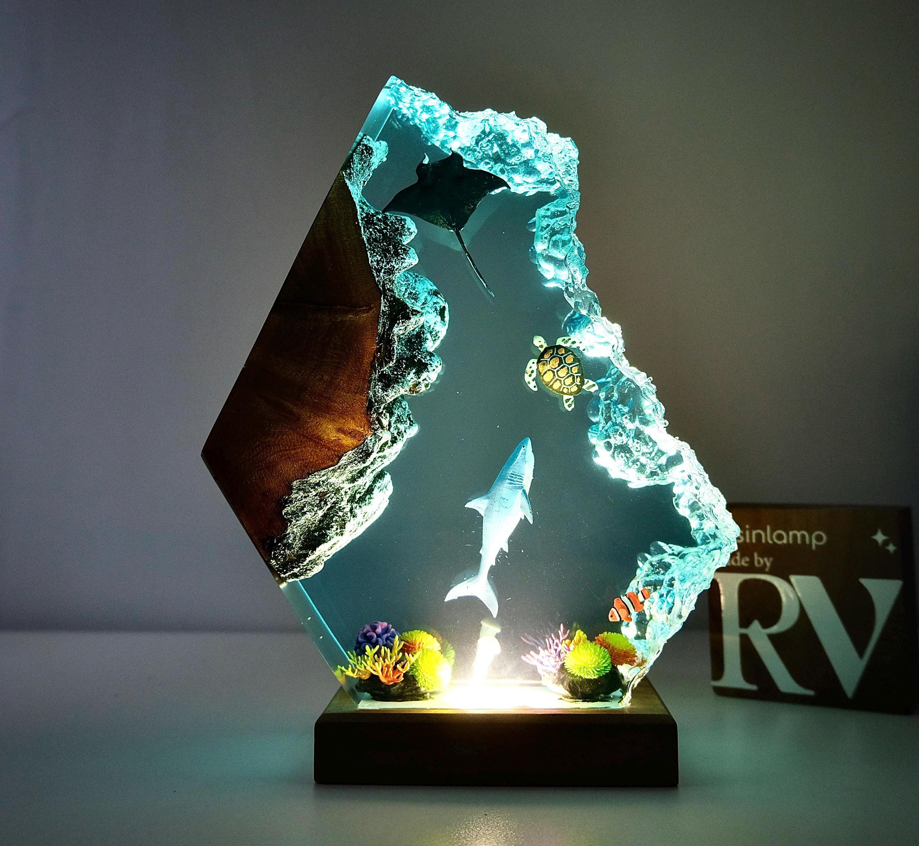 Epoxy Resin Ocean Lamp, Shark, Turtle, and Coral Reef Night Light, Resin Wood Art Lamp, wood resin decor, gift for him, Christmas gift