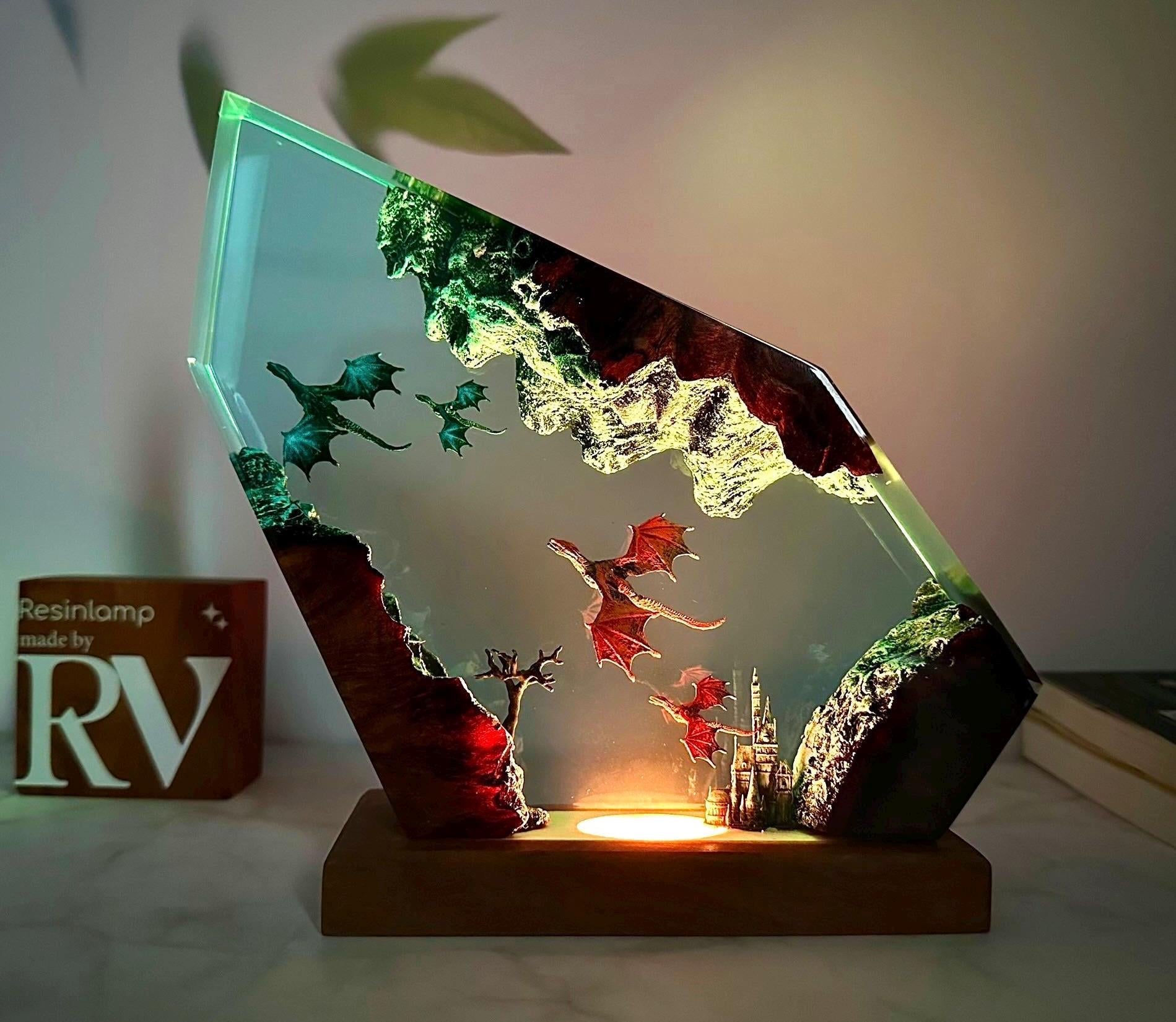 Handmade Fire and Ice Dragon Lamp: 3D Resin Wood Home Decor, Lighting Home Decor, Valentines Day gift, Christmas gift, Fantasy Decor