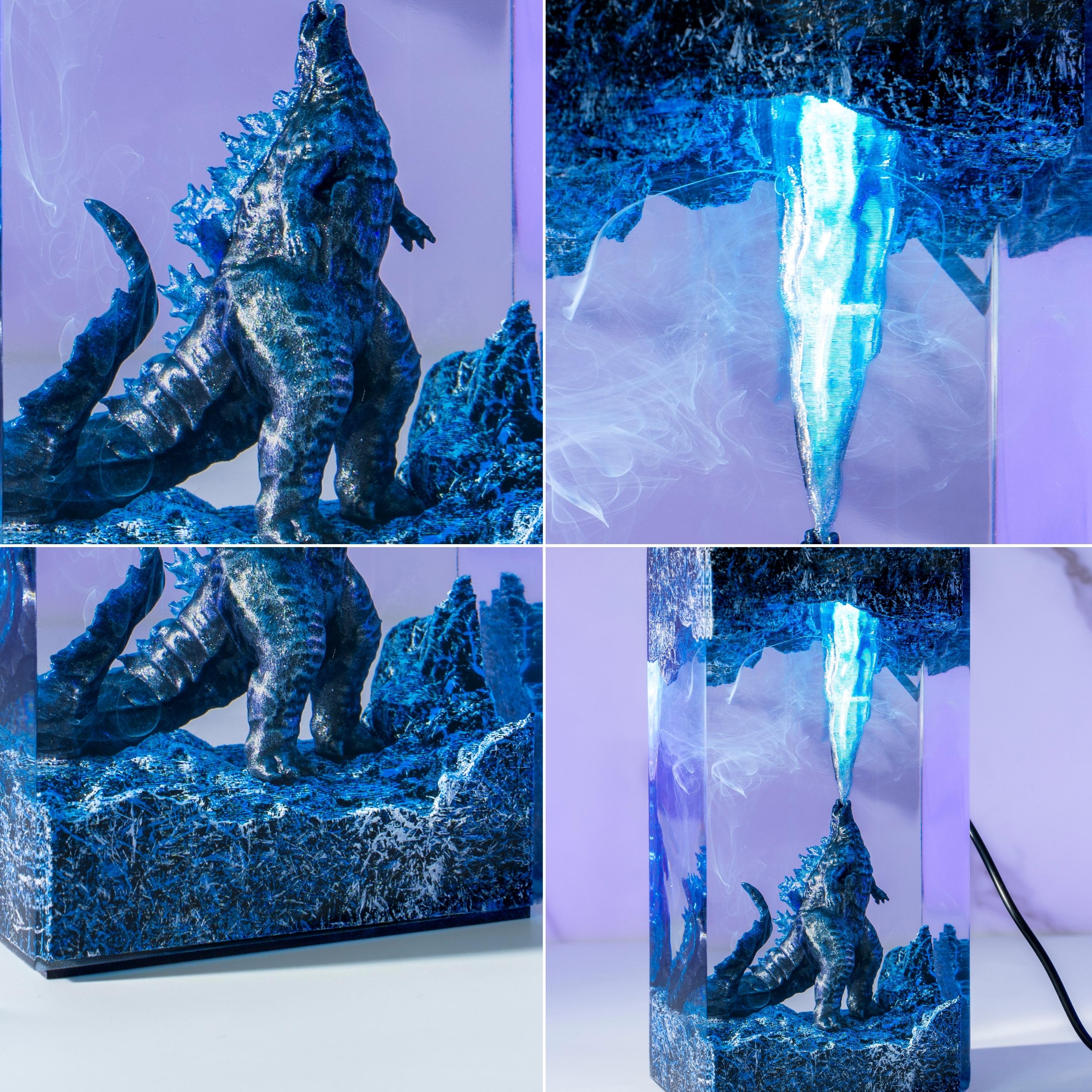 Handmade Beast Diorama Lamp – Epoxy Resin Night Light, godzilla resin lamp, godzilla gift wooden box