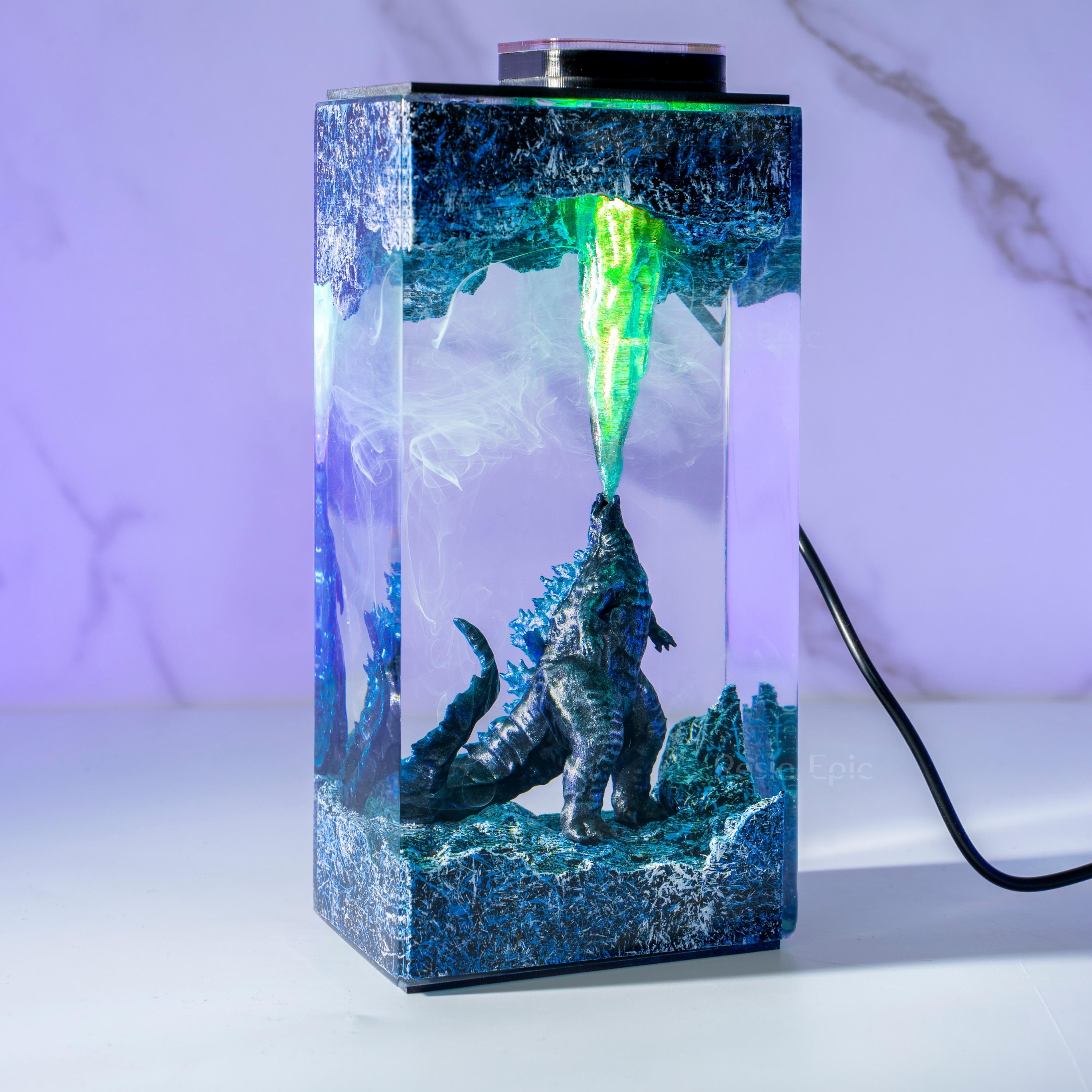 Handmade Beast Diorama Lamp – Epoxy Resin Night Light, godzilla resin lamp, godzilla gift wooden box